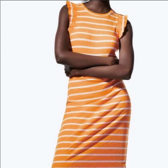 Zara Ribbed Bodycon Midi Dress Orange Striped Ruffle Cap Sleeves - Picture 3 of 6